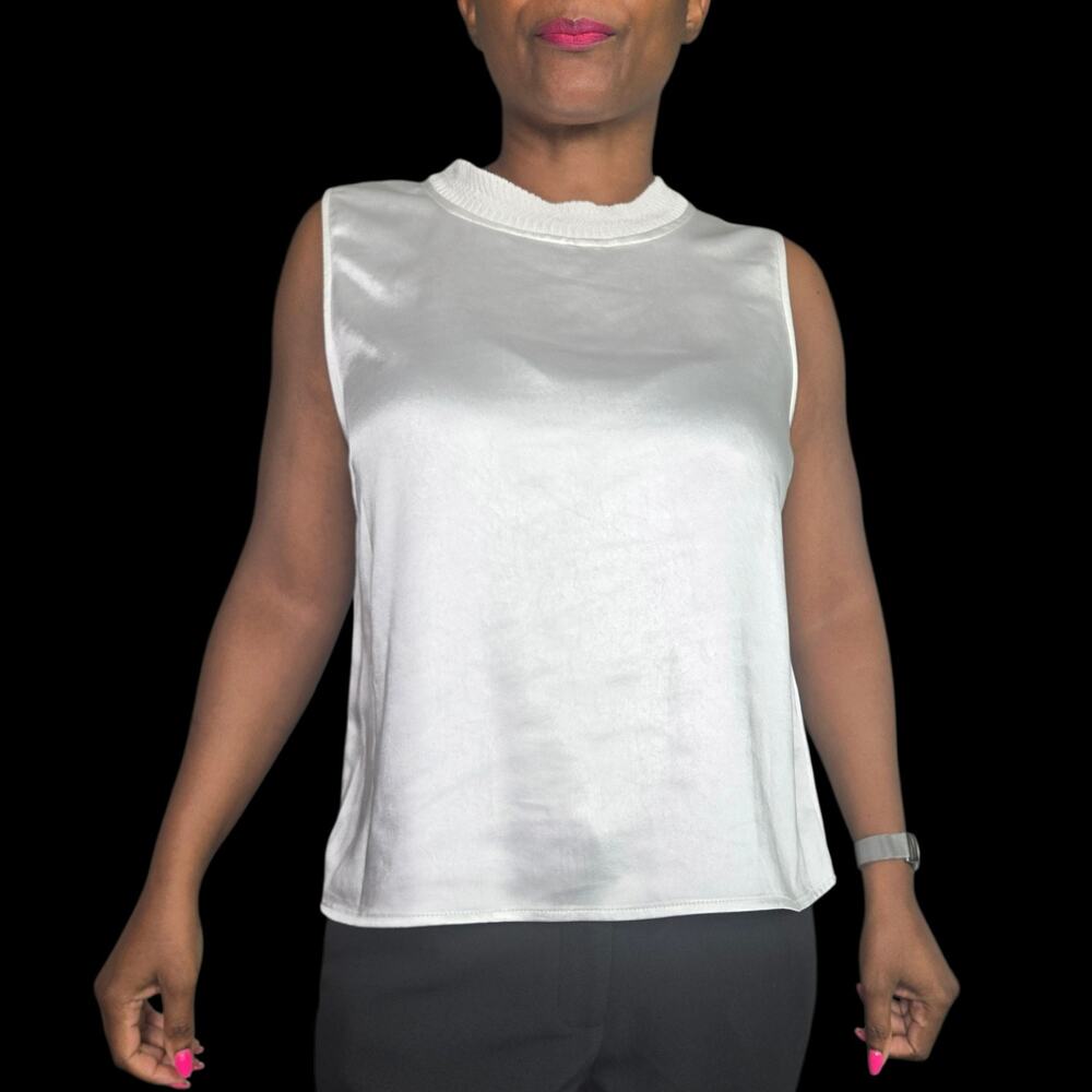 Melissa Nepton Mali Sleeveless Tank Top White Satin Keyhole Silky Shell Medium